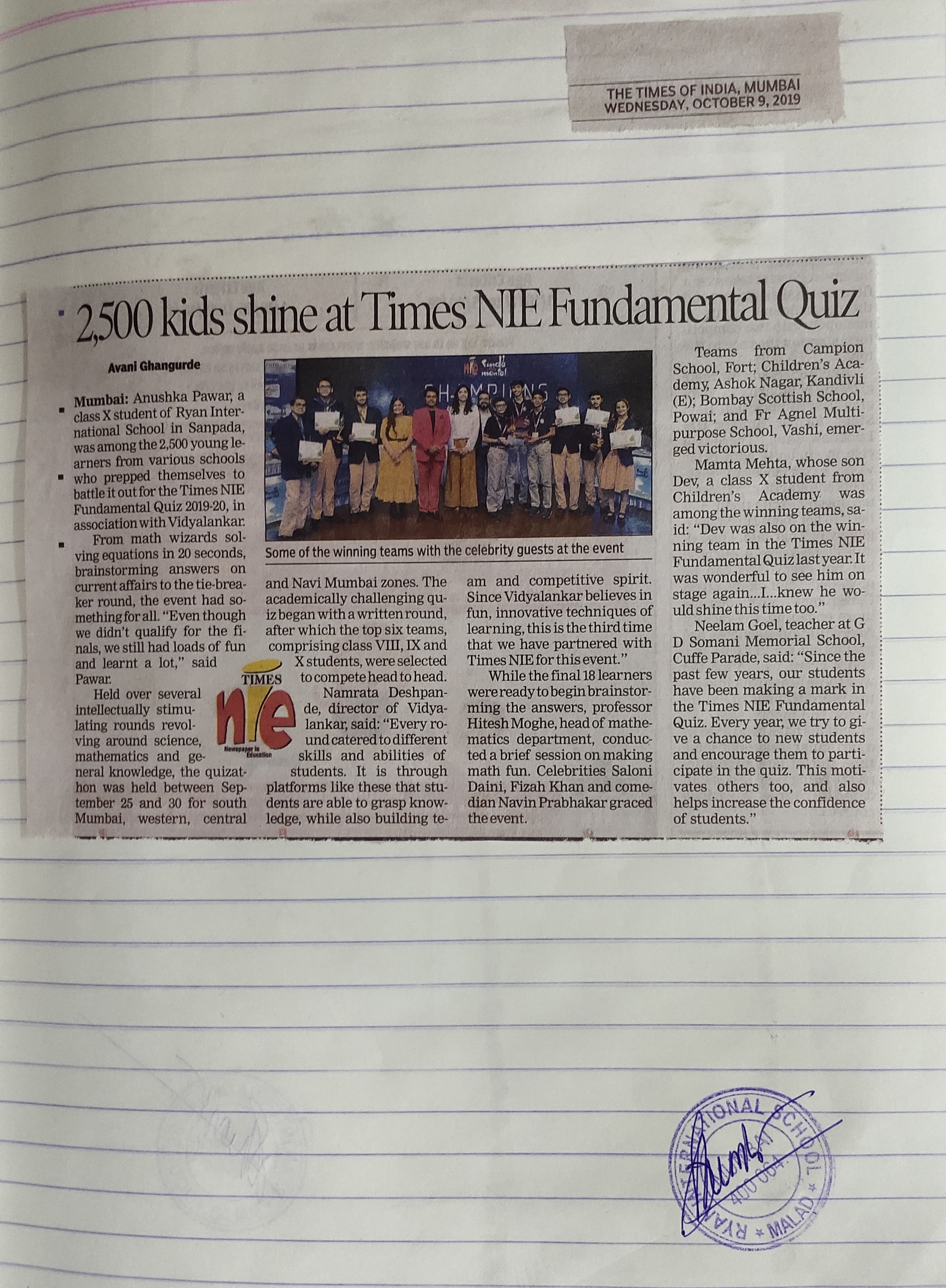 An article under the name “Times NIE Fundamental Quiz” was published in the Times of India